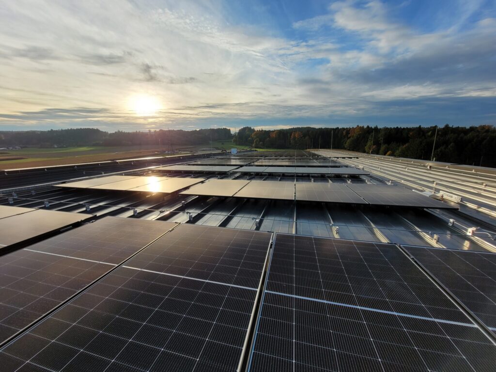 Photovoltaikanlage auf einem Hallendach bei tief stehender Sonne, dahinter Felder und Wald